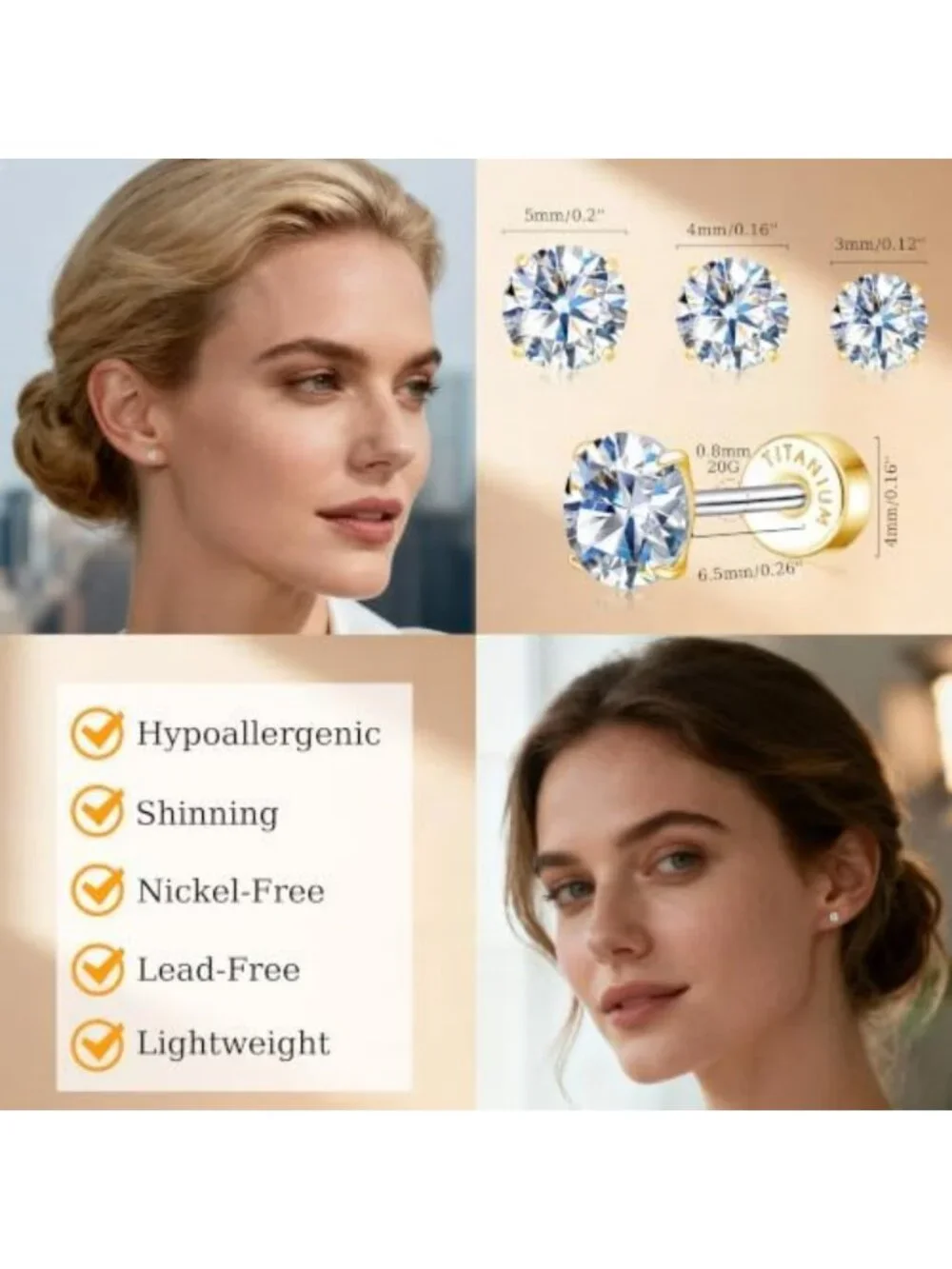 Elegant Moissanite Stud Earrings - 3 Pairs Titanium Screw Back Jewelry Set